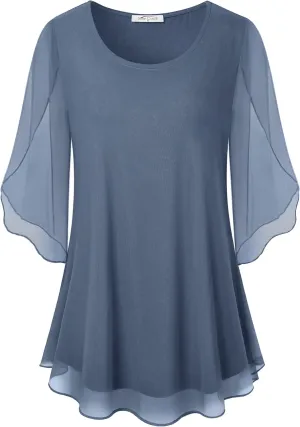 SeSe Code Womens Ruffle 3/4 Sleeve Mesh Blouses Loose Flowy Tops Stretchy Shirts