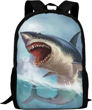 Shark School Backpacks Great White Ocean Shark Bookbag for Teens Kids Boys Girls, Large 17 inch Elementary Junior High University School Bag, Water Resistant Casual Travel Daypack Backpack