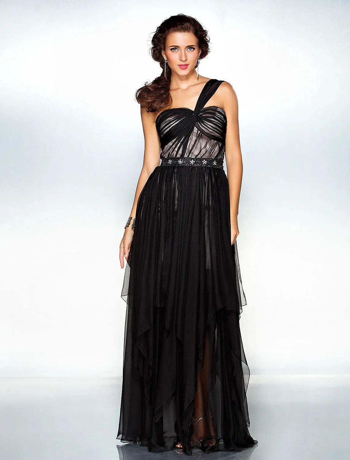 Sheath / Column Celebrity Style Dress Formal Evening Military Ball Floor Length Sleeveless One Shoulder Chiffon with Criss Cross Beading
