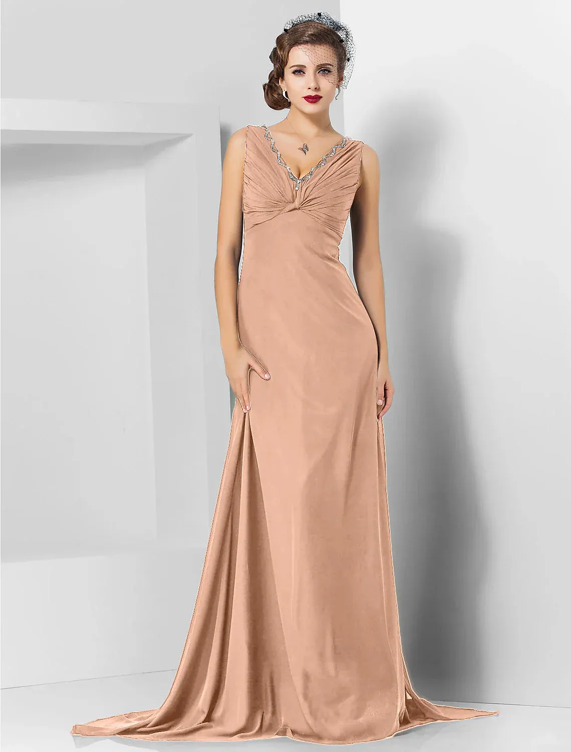 Sheath / Column Elegant Engagement Formal Evening Dress V Neck Sleeveless Sweep / Brush Train Chiffon with Crystals Draping