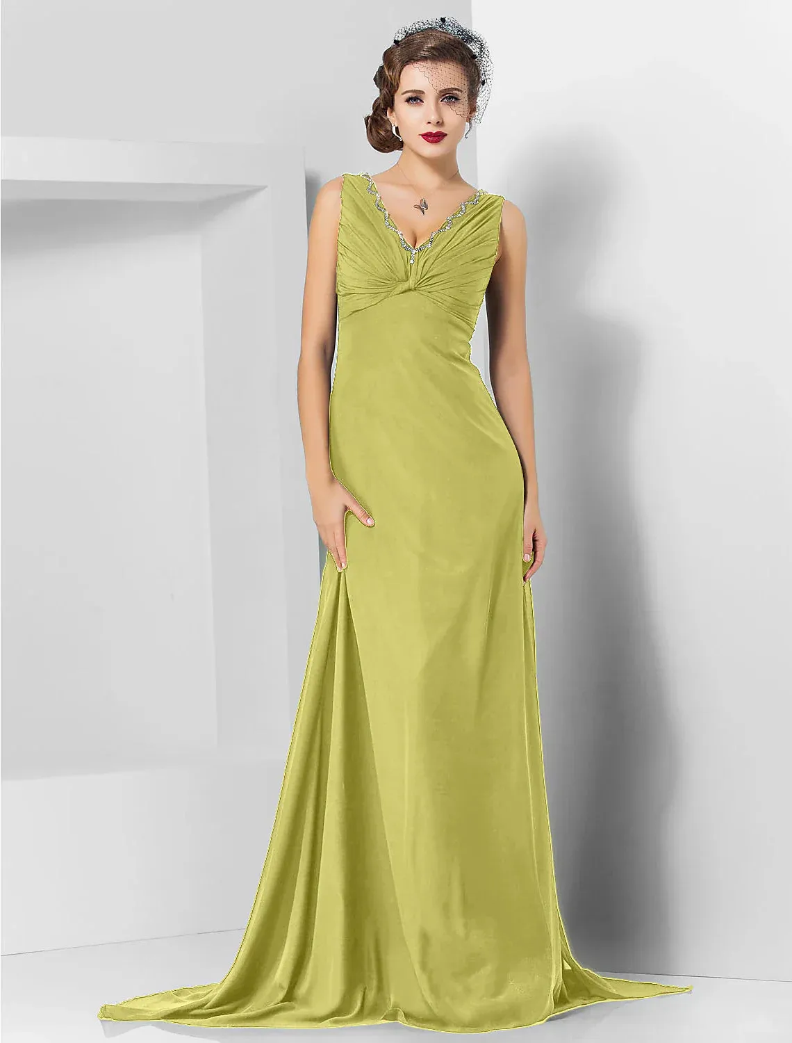 Sheath / Column Elegant Engagement Formal Evening Dress V Neck Sleeveless Sweep / Brush Train Chiffon with Crystals Draping