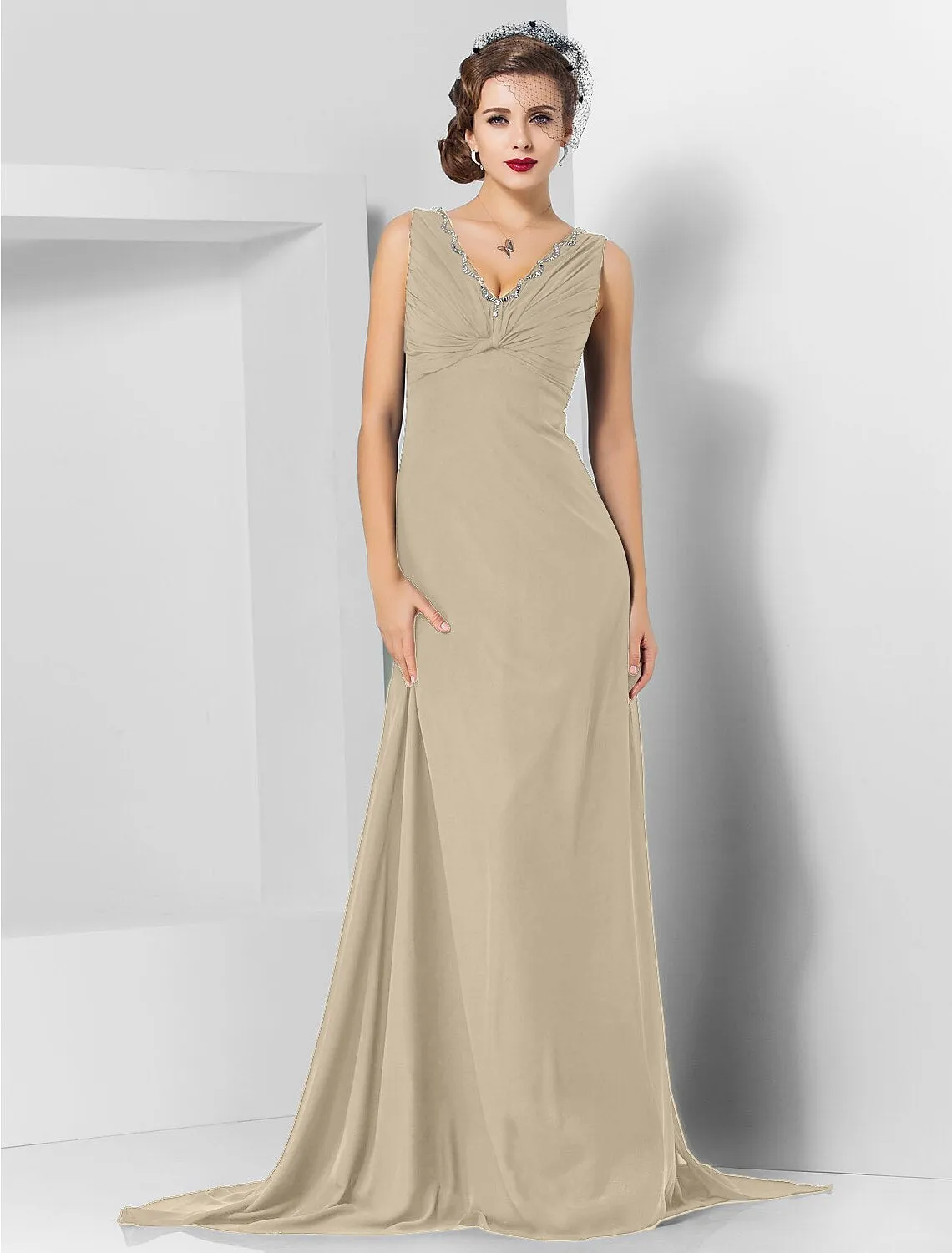 Sheath / Column Elegant Engagement Formal Evening Dress V Neck Sleeveless Sweep / Brush Train Chiffon with Crystals Draping