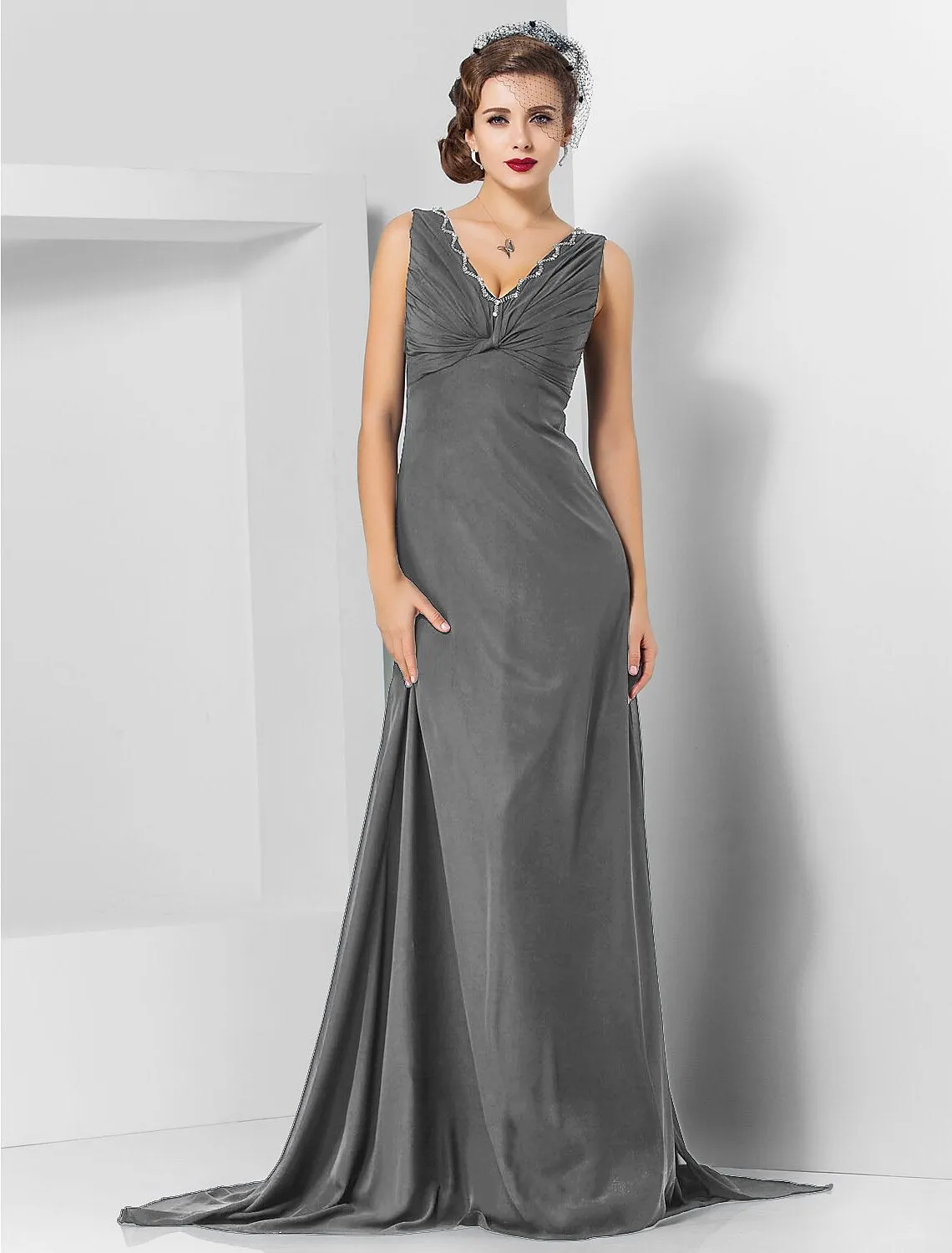 Sheath / Column Elegant Engagement Formal Evening Dress V Neck Sleeveless Sweep / Brush Train Chiffon with Crystals Draping