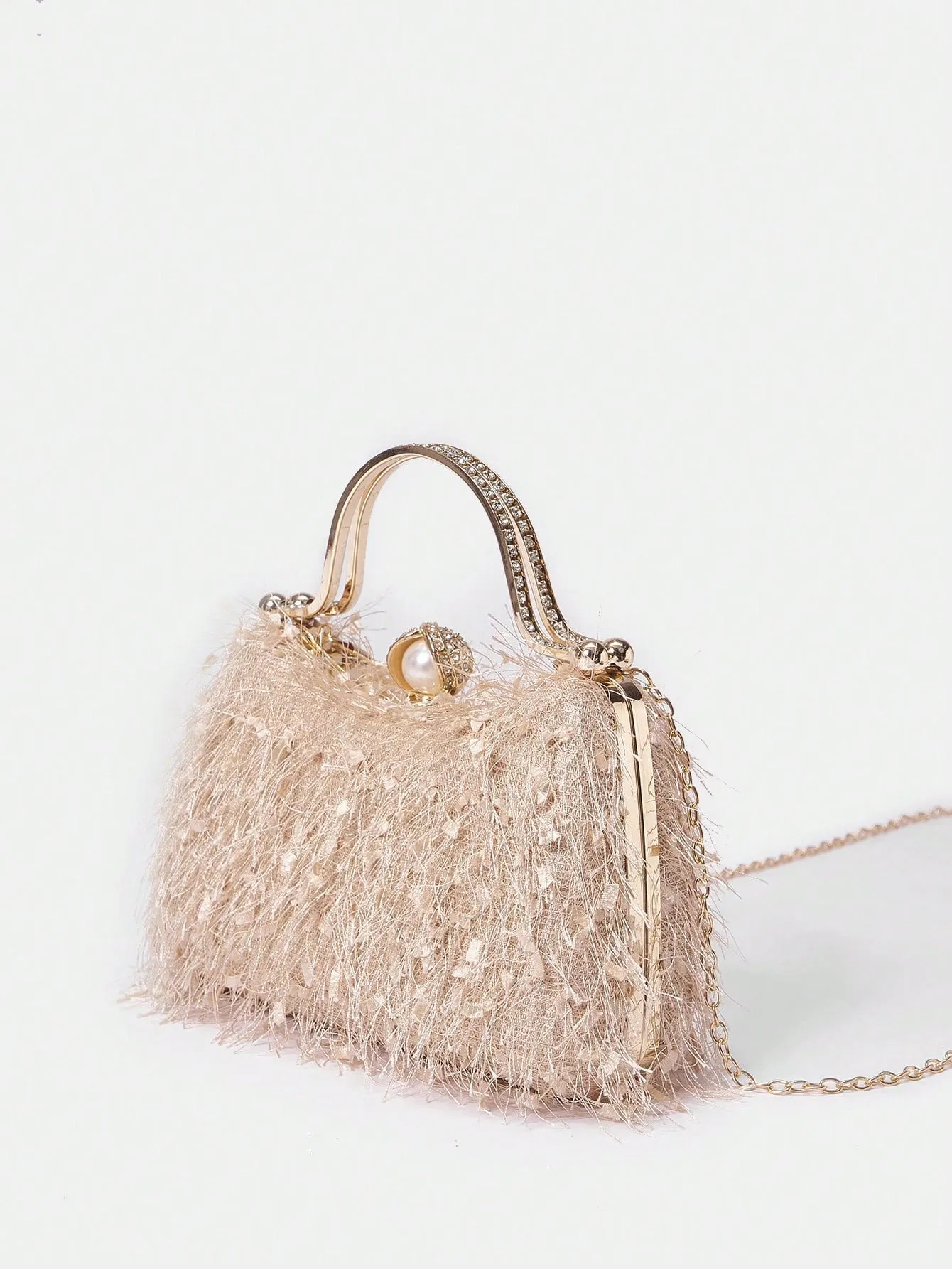 SHEIN Belle Plush Feather & Rhinestone Decor Top Handle Box Bag
