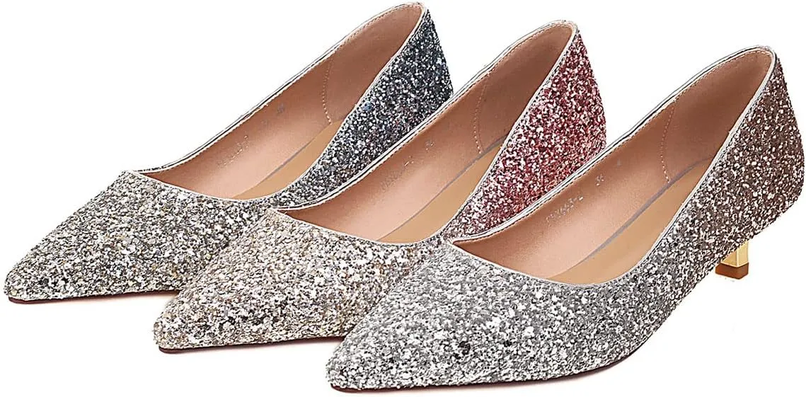 SHEMEE Women's Sequin Kitten Heel Wedding Pumps Pointed Toe Sparkly Party Wear Glitter Bridal Shoes