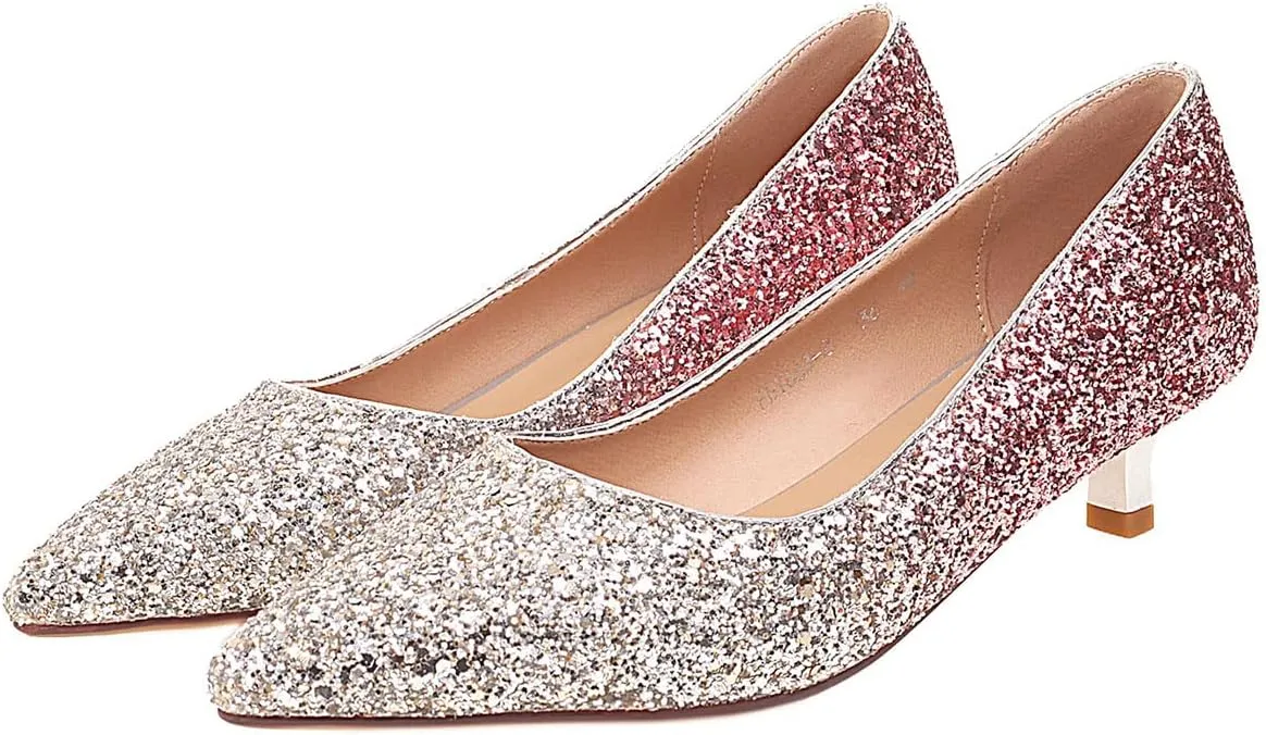 SHEMEE Women's Sequin Kitten Heel Wedding Pumps Pointed Toe Sparkly Party Wear Glitter Bridal Shoes