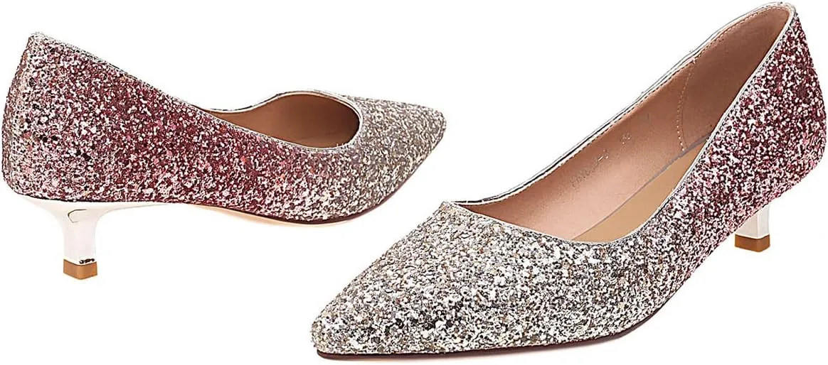 SHEMEE Women's Sequin Kitten Heel Wedding Pumps Pointed Toe Sparkly Party Wear Glitter Bridal Shoes