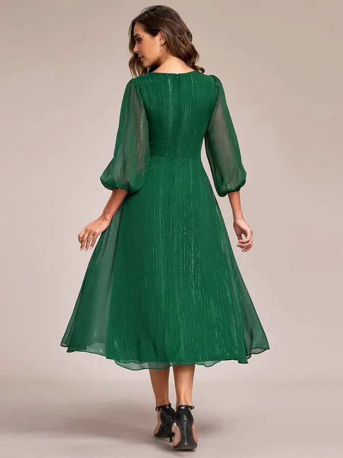 Shimmering Long Sleeve V-Neck Chiffon Twist Knot A-Line Evening Dress
