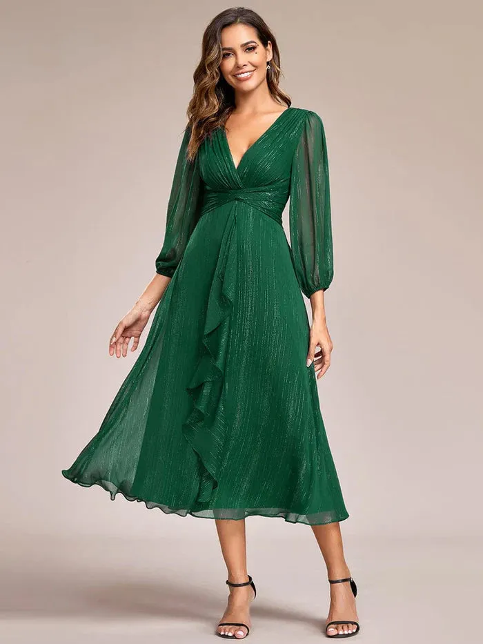Shimmering Long Sleeve V-Neck Chiffon Twist Knot A-Line Evening Dress