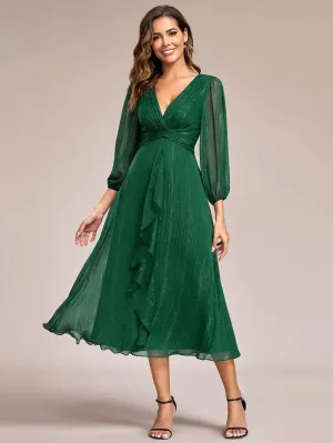 Shimmering Long Sleeve V-Neck Chiffon Twist Knot A-Line Evening Dress