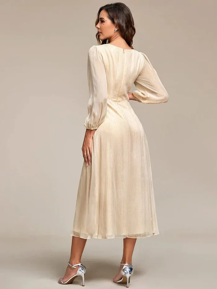 Shimmering Long Sleeve V-Neck Chiffon Twist Knot A-Line Evening Dress