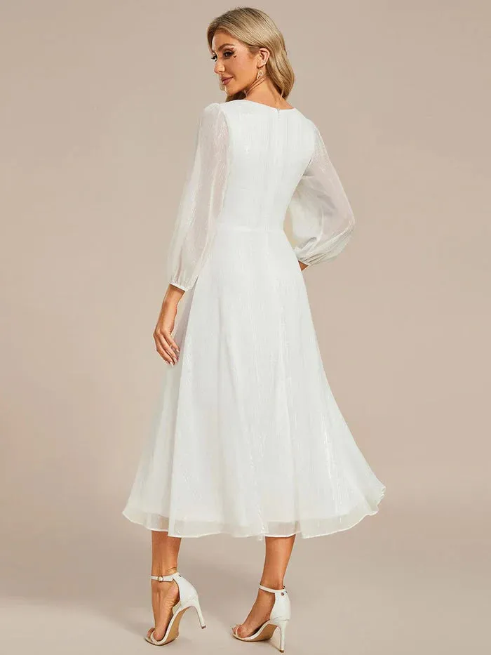 Shimmering Long Sleeve V-Neck Chiffon Twist Knot A-Line Evening Dress