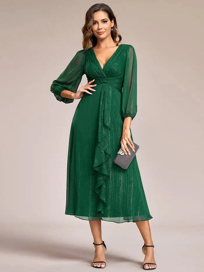 Shimmering Long Sleeve V-Neck Chiffon Twist Knot A-Line Evening Dress