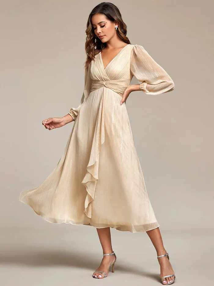 Shimmering Long Sleeve V-Neck Chiffon Twist Knot A-Line Evening Dress