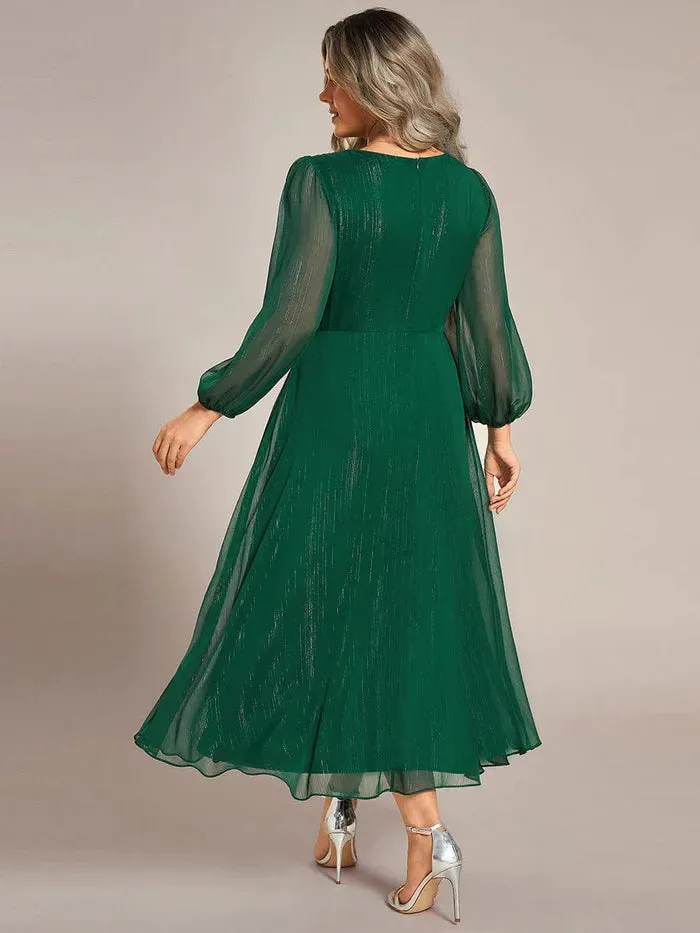 Shimmering Long Sleeve V-Neck Chiffon Twist Knot A-Line Evening Dress
