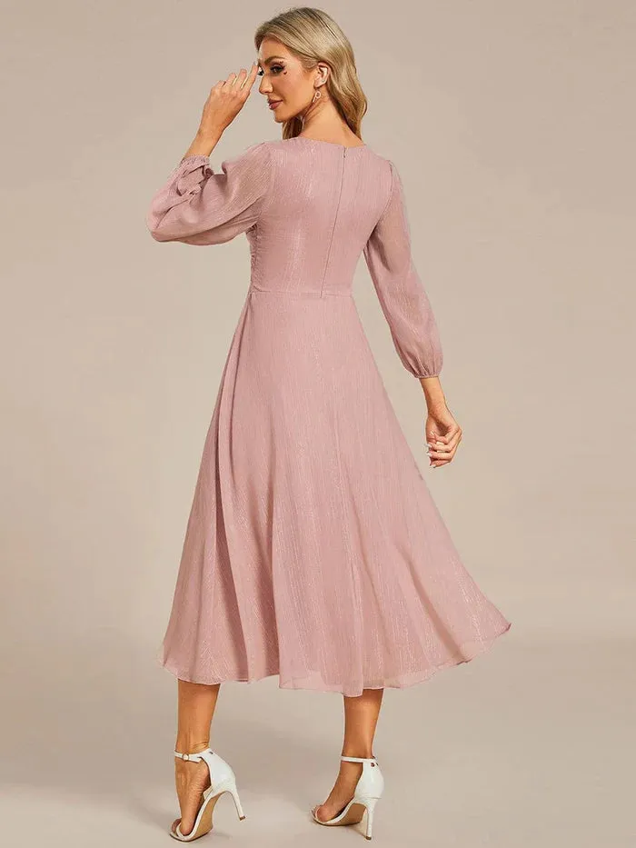Shimmering Long Sleeve V-Neck Chiffon Twist Knot A-Line Evening Dress