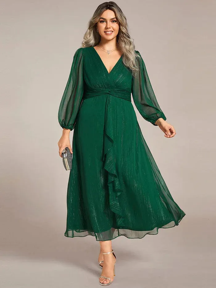 Shimmering Long Sleeve V-Neck Chiffon Twist Knot A-Line Evening Dress