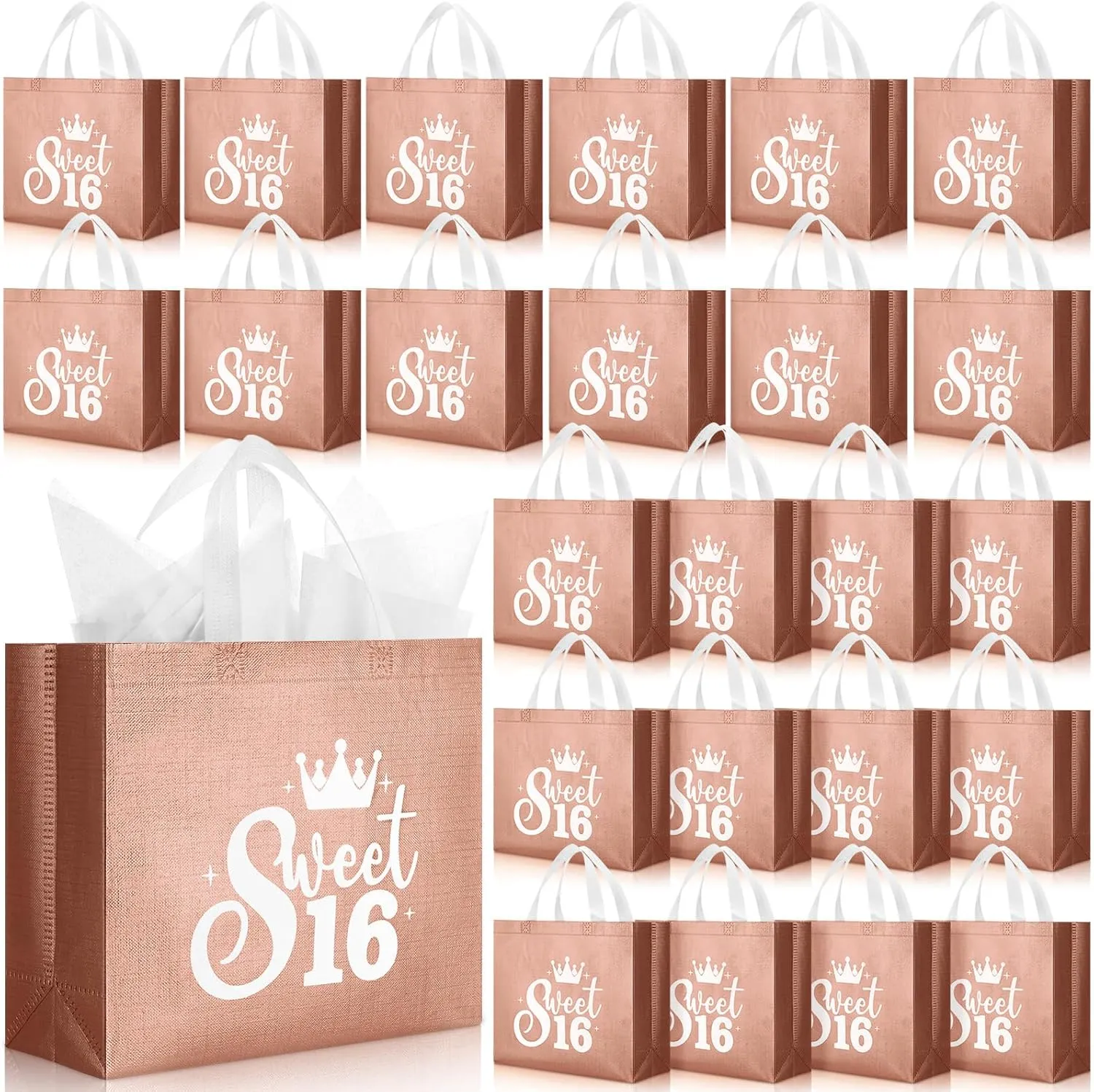 Shinylin 25 Pcs Sweet 16 Party Favors for Guests Sweet 16th Birthday Gift Bags Large Reusable Treat Bags with Handles and White Tissue Paper Decor for 16th Birthday Party Supplies