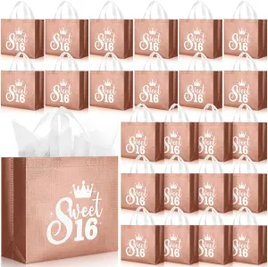 Shinylin 25 Pcs Sweet 16 Party Favors for Guests Sweet 16th Birthday Gift Bags Large Reusable Treat Bags with Handles and White Tissue Paper Decor for 16th Birthday Party Supplies