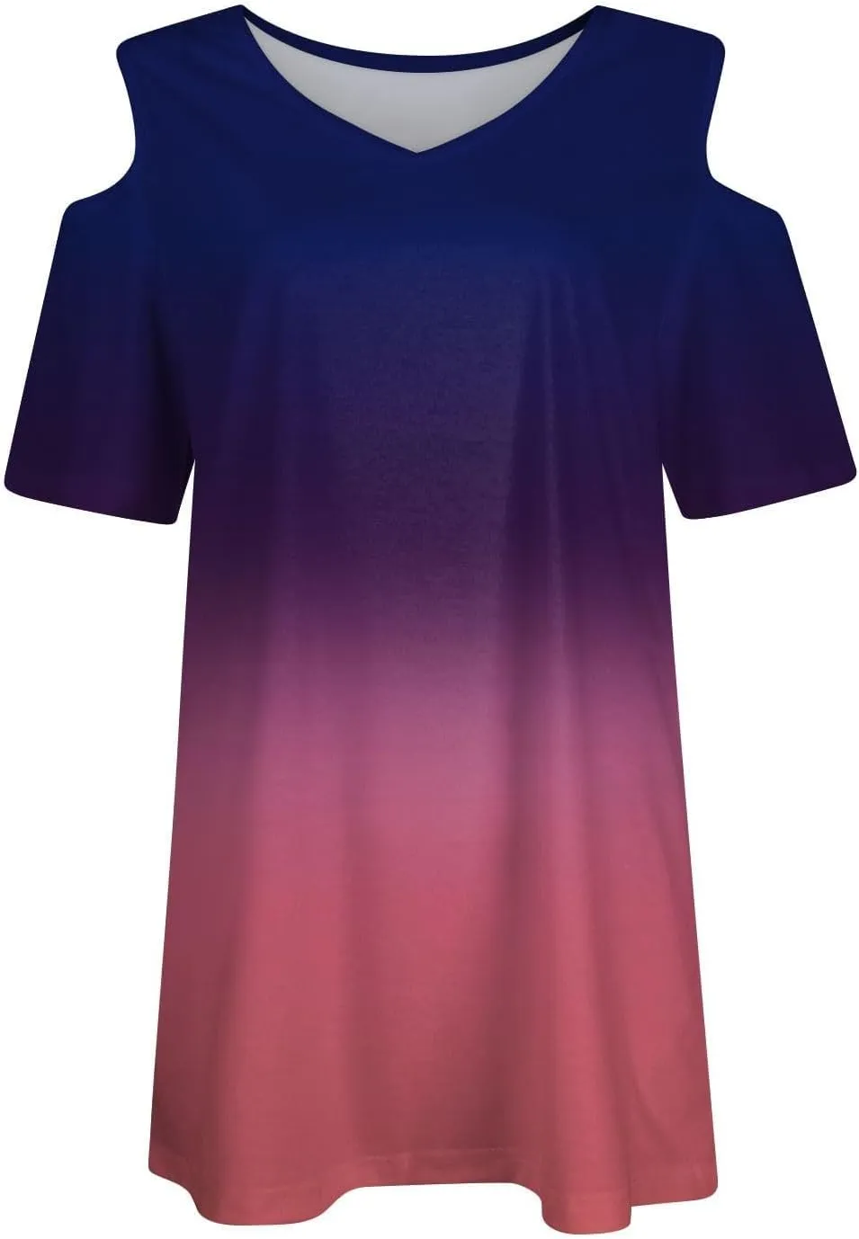 Shirts for Women Trendy Summer Causal V Neck Cold Shoulder Gradient Color Elegant Tops Slim Fit Short Sleeve Blouses