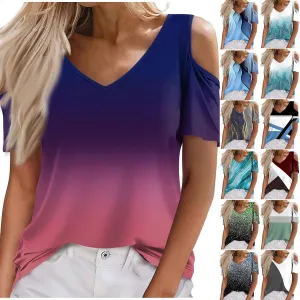 Shirts for Women Trendy Summer Causal V Neck Cold Shoulder Gradient Color Elegant Tops Slim Fit Short Sleeve Blouses