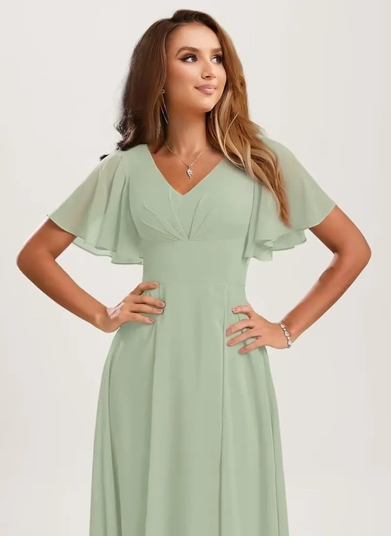 Short Chiffon Bridesmaid Dresses for Women V Neck Short Sleeve Wedding Guest Dress with Ruffled MCV011