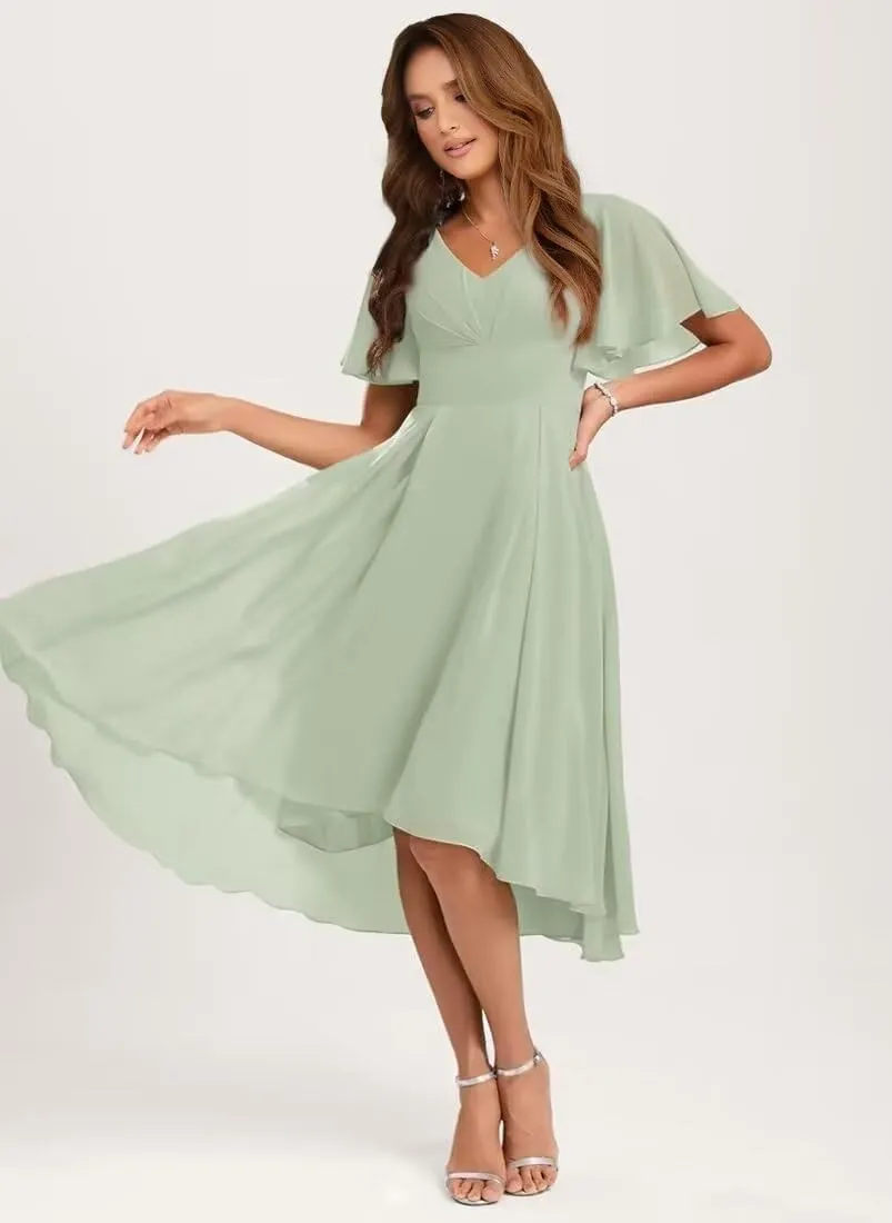 Short Chiffon Bridesmaid Dresses for Women V Neck Short Sleeve Wedding Guest Dress with Ruffled MCV011