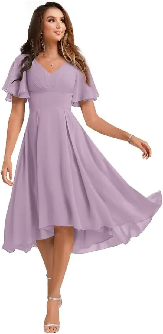 Short Chiffon Bridesmaid Dresses for Women V Neck Short Sleeve Wedding Guest Dress with Ruffled MCV011