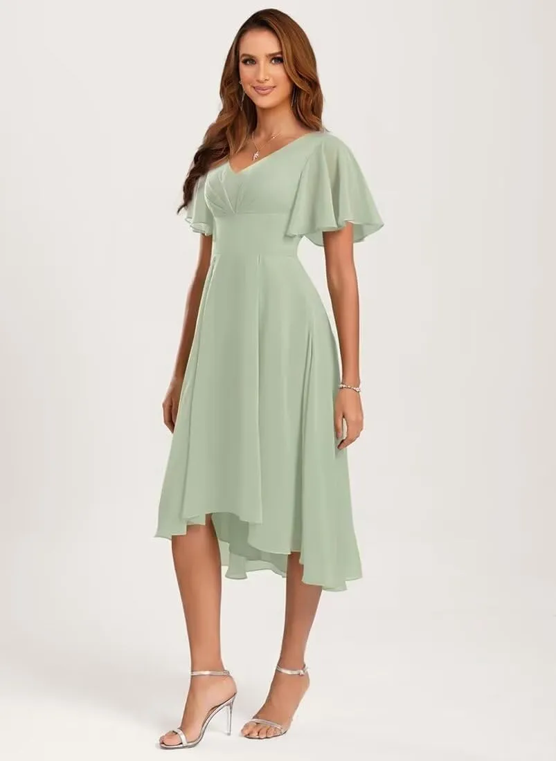 Short Chiffon Bridesmaid Dresses for Women V Neck Short Sleeve Wedding Guest Dress with Ruffled MCV011