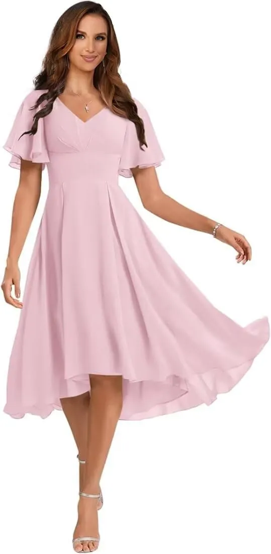 Short Chiffon Bridesmaid Dresses for Women V Neck Short Sleeve Wedding Guest Dress with Ruffled MCV011