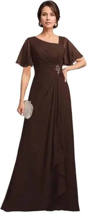 Short Sleeve Mother of The Bride Dresses for Women Ruffle Beaded Formal Evening Gowns for Wedding Guest