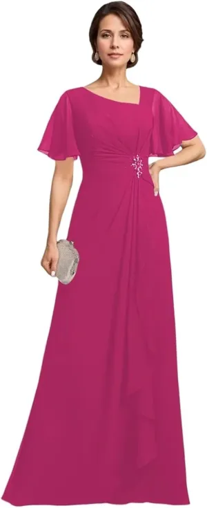 Short Sleeve Mother of The Bride Dresses for Women Ruffle Beaded Formal Evening Gowns for Wedding Guest