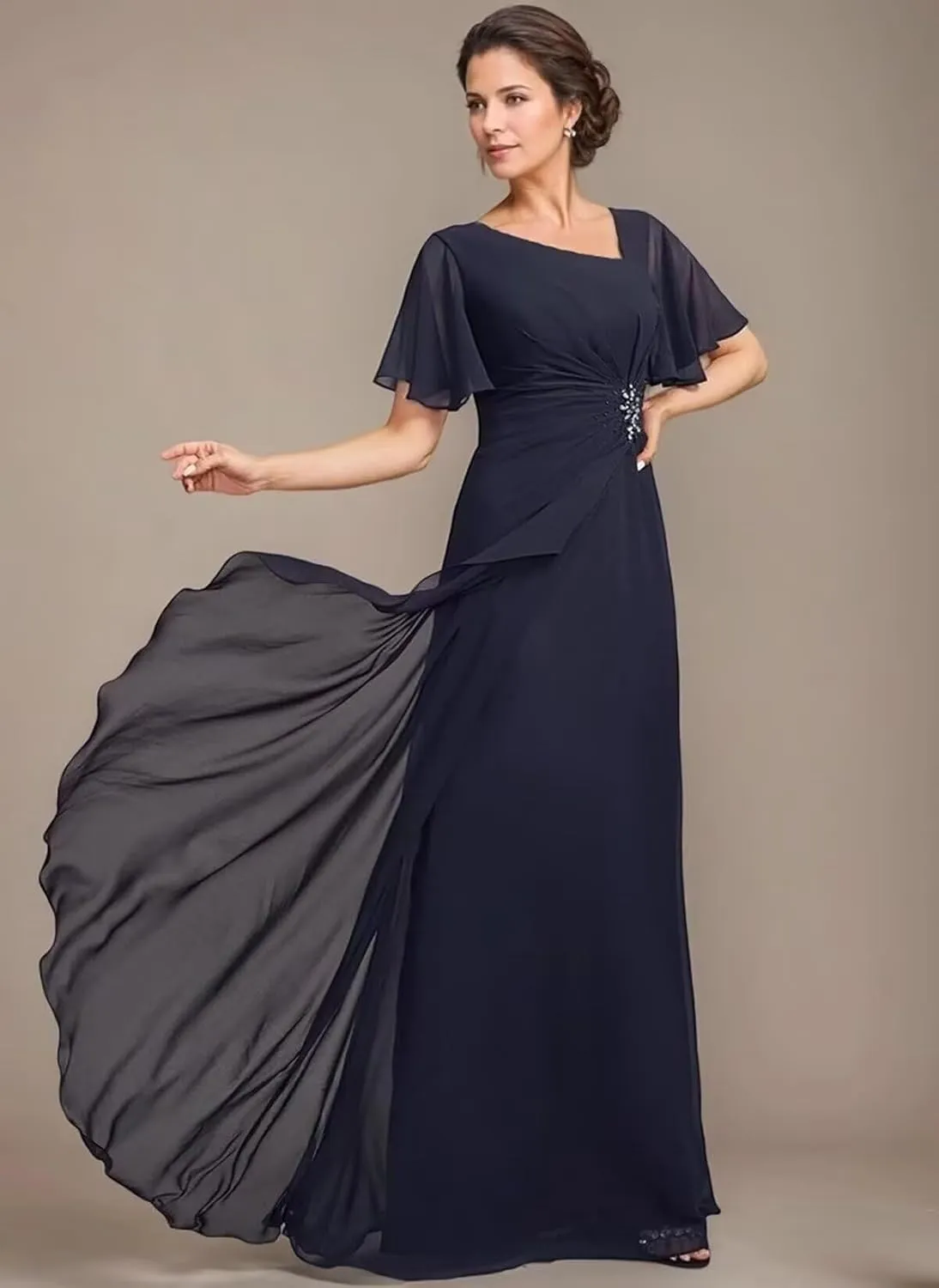 Short Sleeve Mother of The Bride Dresses for Women Ruffle Beaded Formal Evening Gowns for Wedding Guest