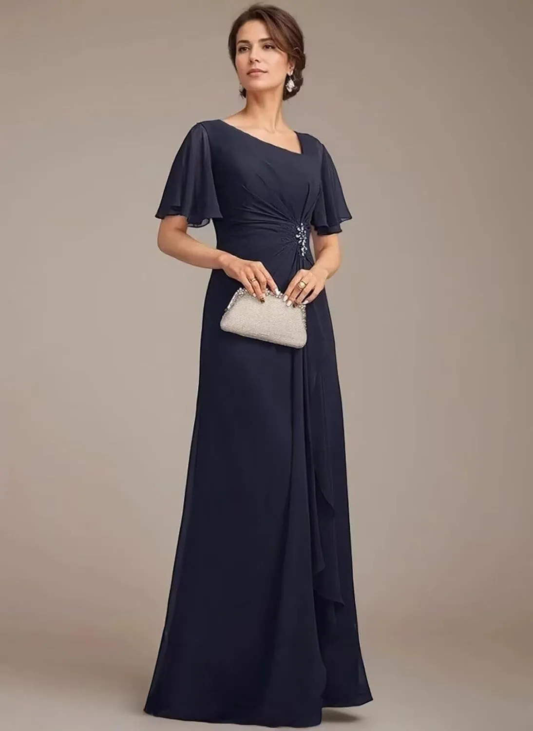 Short Sleeve Mother of The Bride Dresses for Women Ruffle Beaded Formal Evening Gowns for Wedding Guest