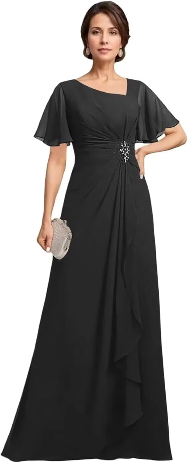 Short Sleeve Mother of The Bride Dresses for Women Ruffle Beaded Formal Evening Gowns for Wedding Guest