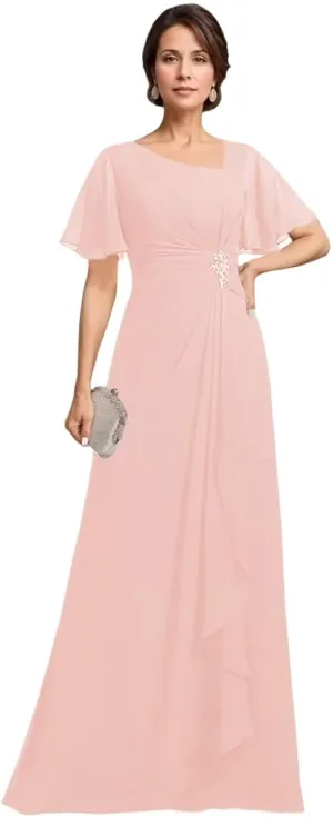Short Sleeve Mother of The Bride Dresses for Women Ruffle Beaded Formal Evening Gowns for Wedding Guest