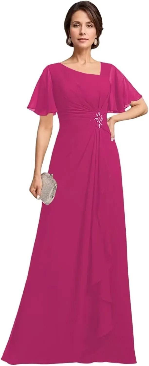 Short Sleeve Mother of The Bride Dresses for Women Ruffle Beaded Formal Evening Gowns for Wedding Guest