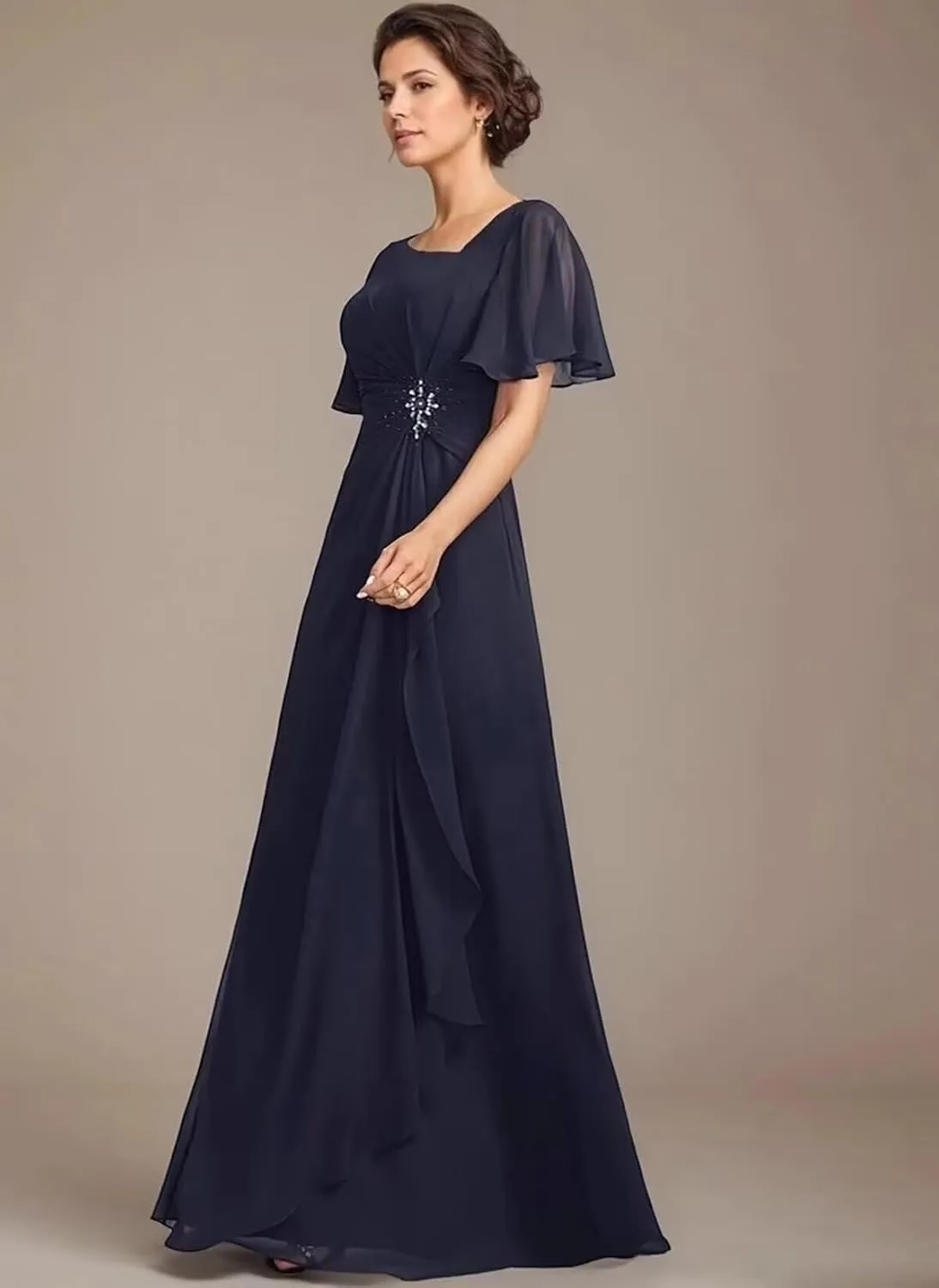 Short Sleeve Mother of The Bride Dresses for Women Ruffle Beaded Formal Evening Gowns for Wedding Guest