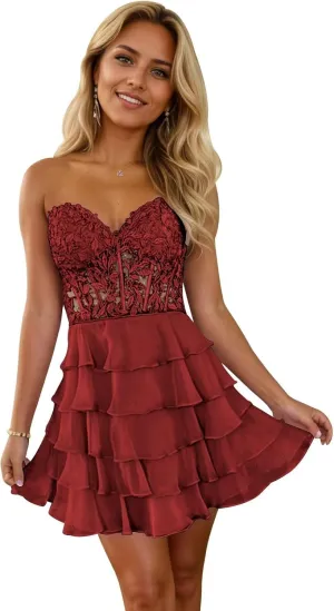 Short Strapless Homecoming Dresses for Teens 2024 Lace Corset Chiffon Tiered Ruffle Prom Dress