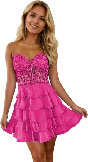 Short Strapless Homecoming Dresses for Teens 2024 Lace Corset Chiffon Tiered Ruffle Prom Dress