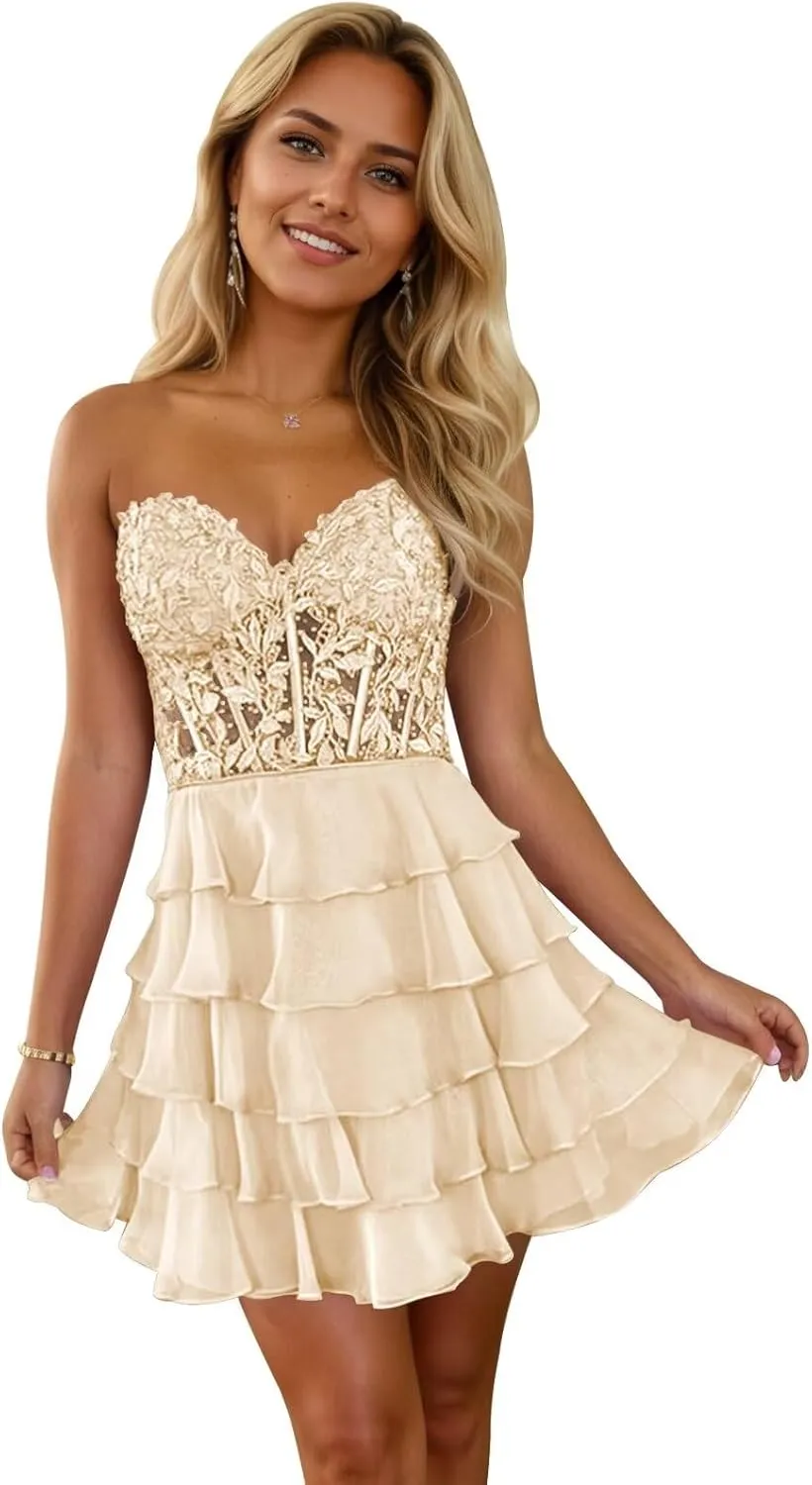 Short Strapless Homecoming Dresses for Teens 2024 Lace Corset Chiffon Tiered Ruffle Prom Dress