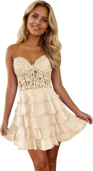 Short Strapless Homecoming Dresses for Teens 2024 Lace Corset Chiffon Tiered Ruffle Prom Dress