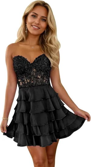 Short Strapless Homecoming Dresses for Teens 2024 Lace Corset Chiffon Tiered Ruffle Prom Dress