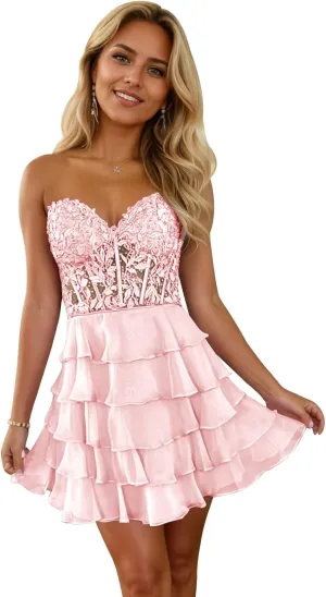 Short Strapless Homecoming Dresses for Teens 2024 Lace Corset Chiffon Tiered Ruffle Prom Dress