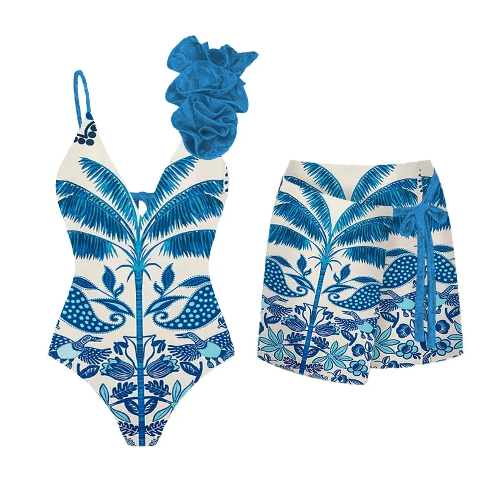 Shoulder Strappy Swimsuit Print Floral