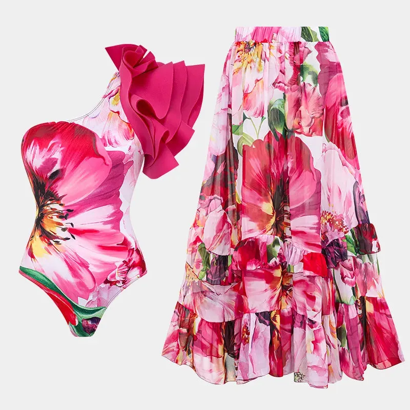 Shoulder Strappy Swimsuit Print Floral