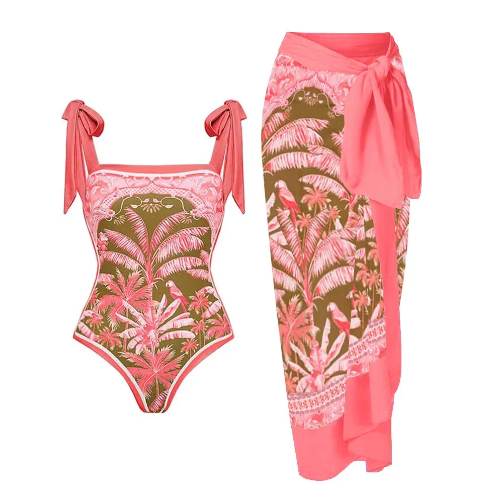 Shoulder Strappy Swimsuit Print Floral