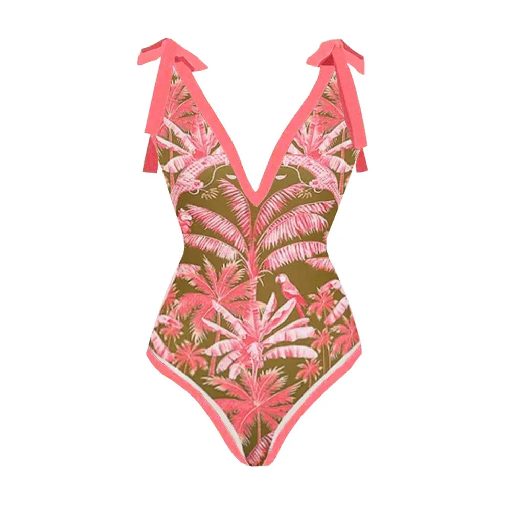 Shoulder Strappy Swimsuit Print Floral
