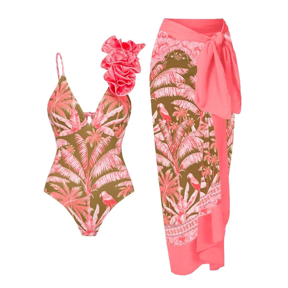 Shoulder Strappy Swimsuit Print Floral