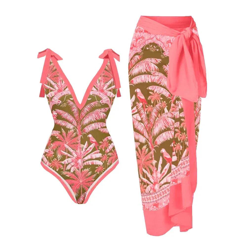 Shoulder Strappy Swimsuit Print Floral